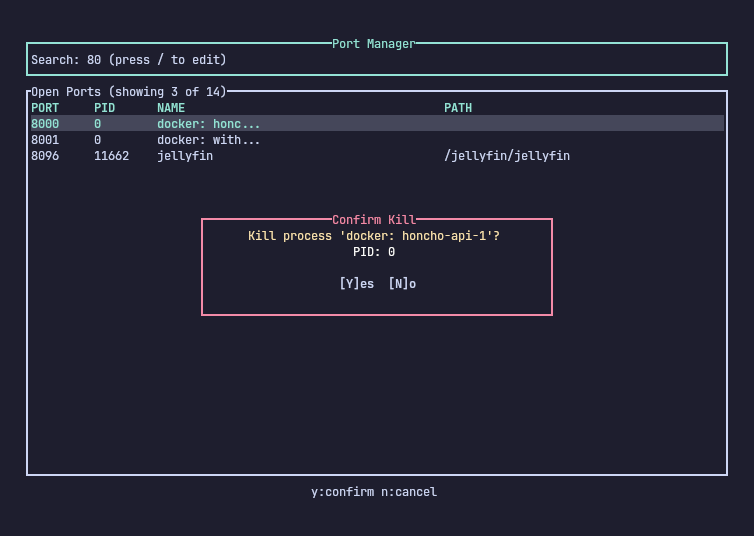 Port TUI with kill confirmation