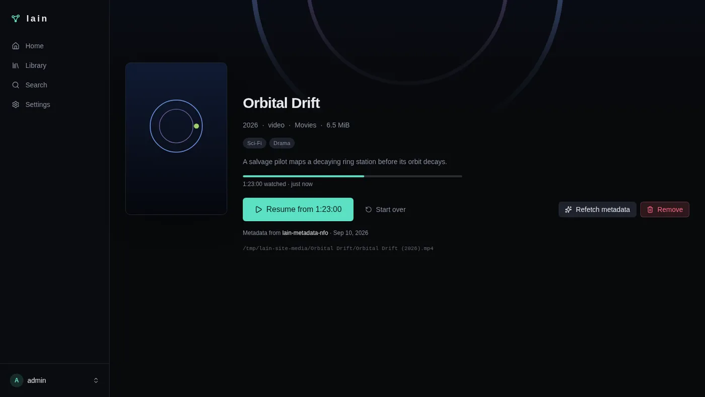 Item page in the embedded web UI showing genres, synopsis, a 1:23:00 progress bar and a Resume button.